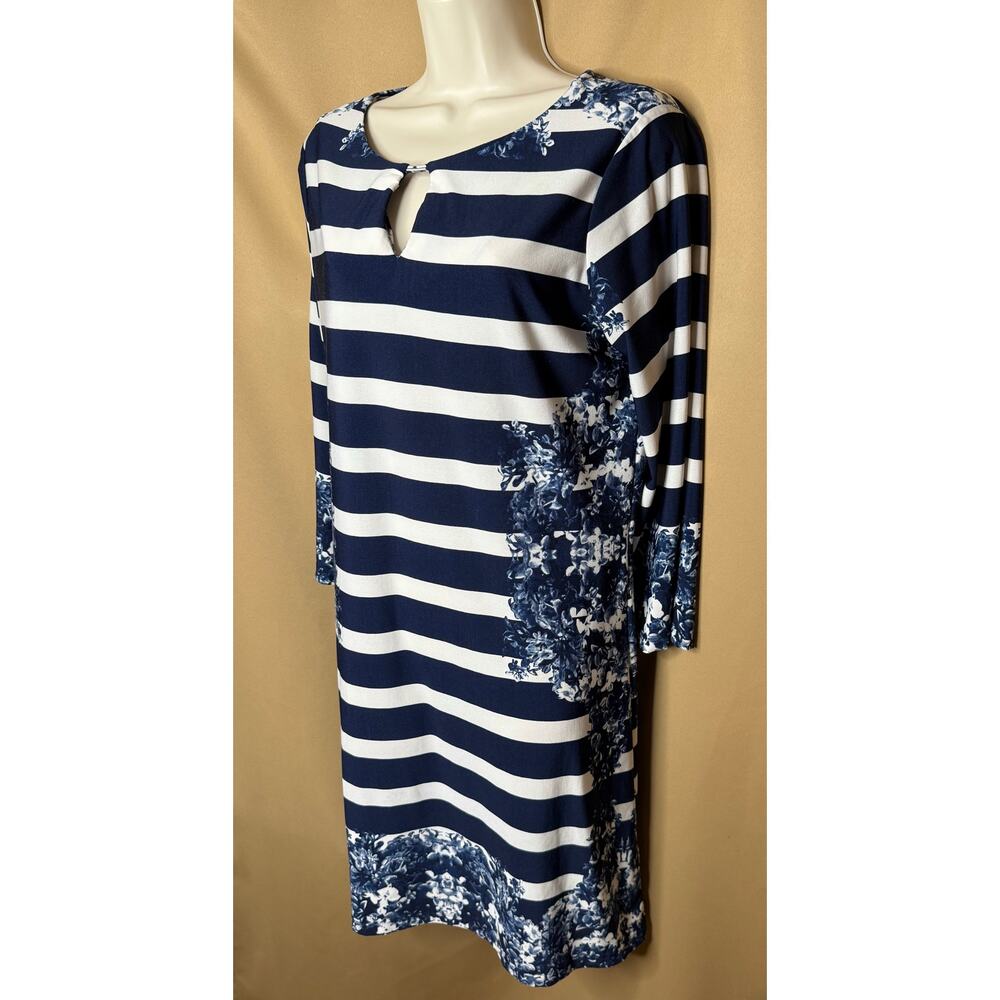 Haani Navy White Floral Stripe Sheath Dress L - Picture 2 of 5